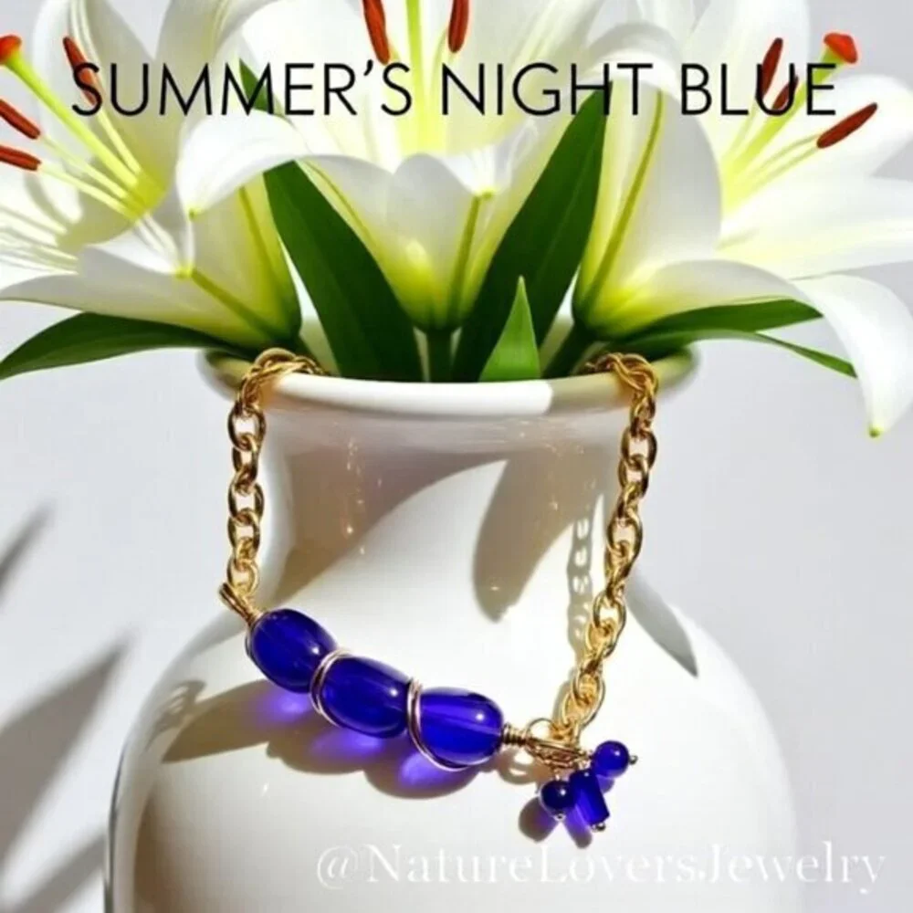 Cobalt Blue & Gold Chain Set - Chunky Bracelet & Earrings - Casual & Trendy!